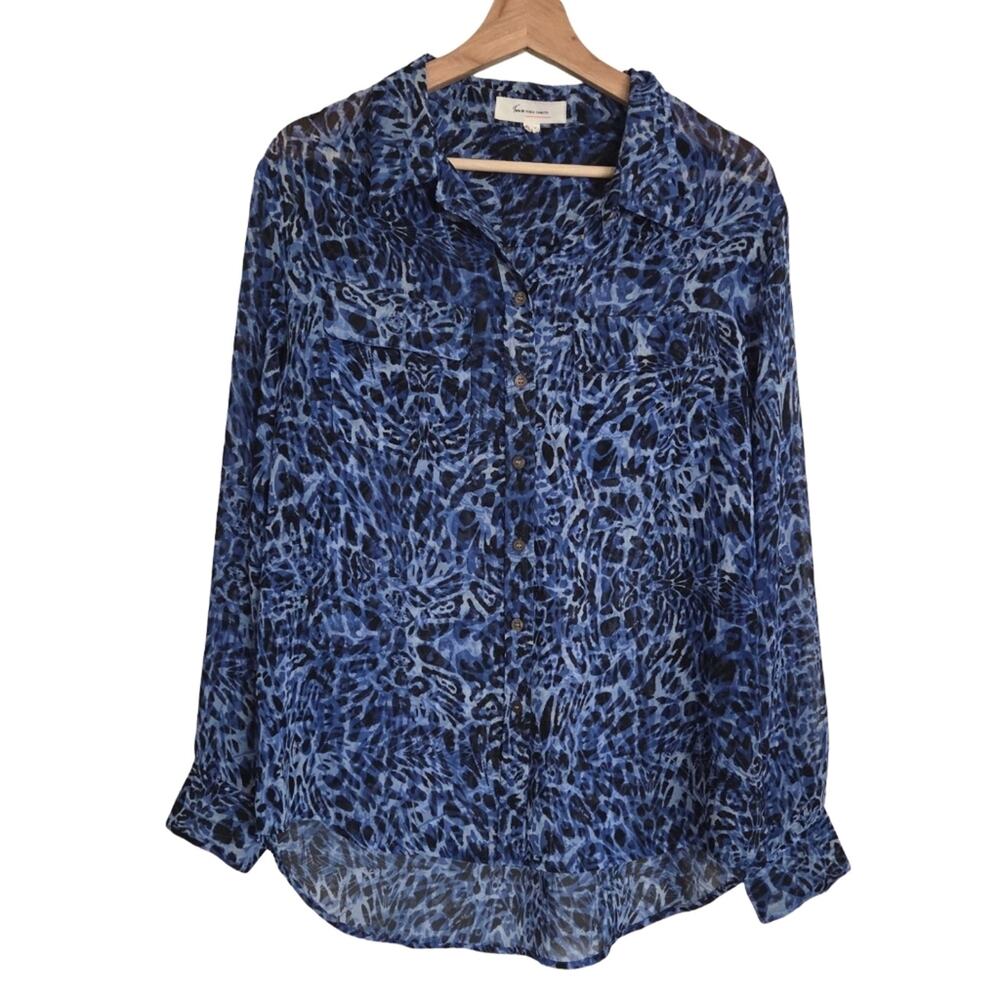 Two by Vince Camuto | Blue Leopard Print Semi-Sheer Button Up Blouse Shirt